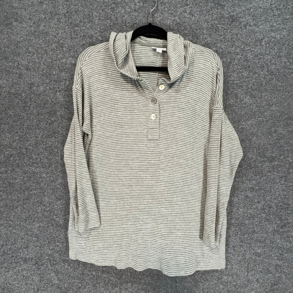 J. Jill Hoodie Women Small Petite Gray Striped Henley Button Knit Pullover Top